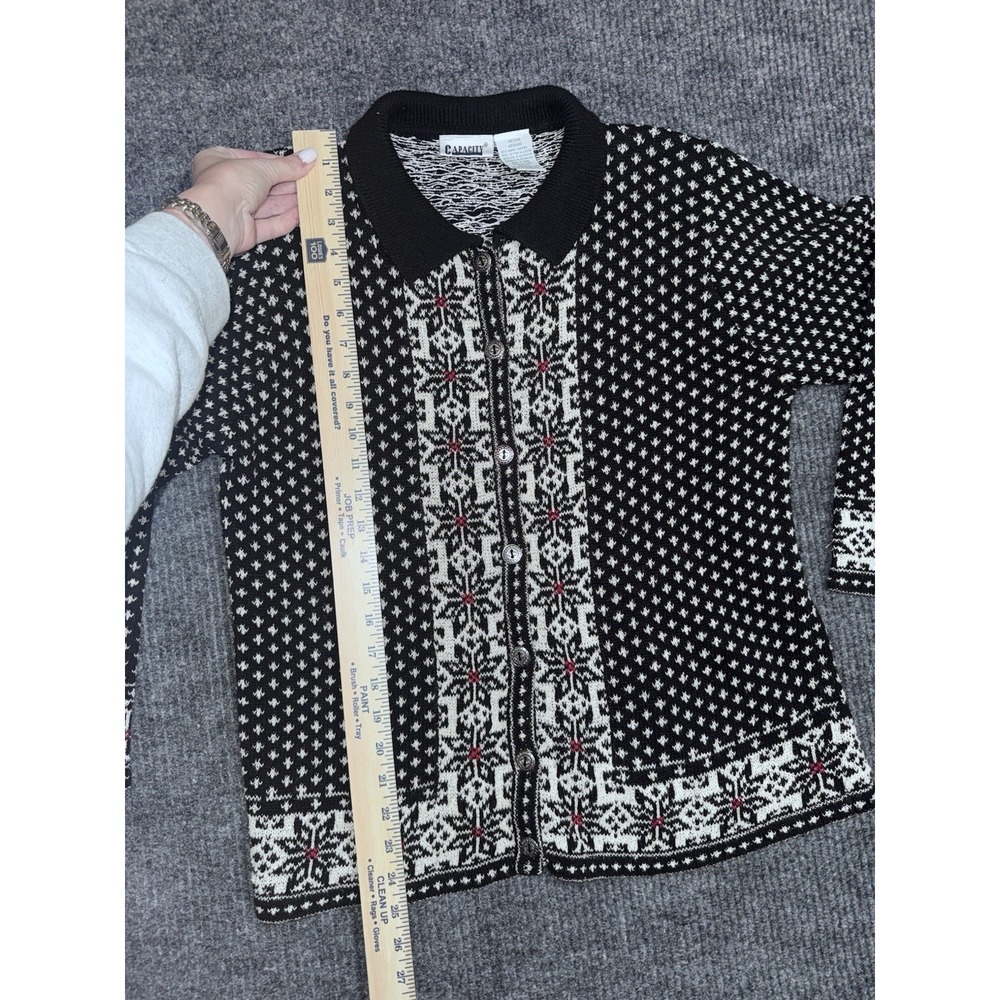 Y2K Capacity Fair Isle Collared Button Cardigan Sweater Black White Red M - Picture 12 of 13